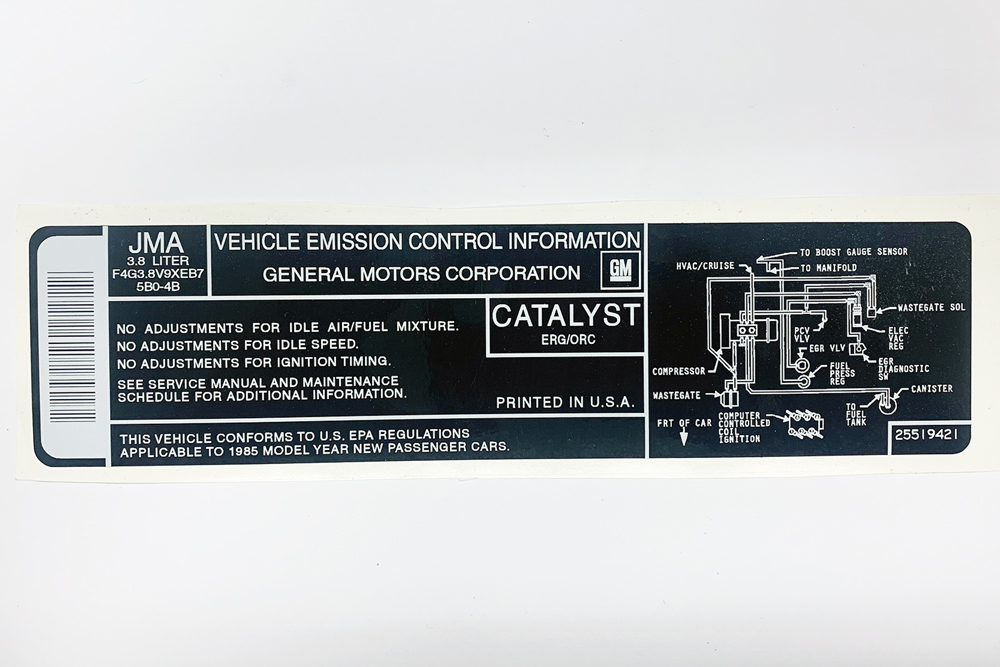 1985 Turbo Buick 3.8L Engine Emissions Decal 25519421