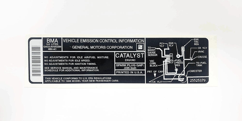 1986 Turbo Buick 3.8L Engine Emissions Decal 25525379