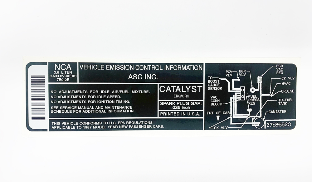 1987 Buick GNX Engine Emissions Decal 27E86520