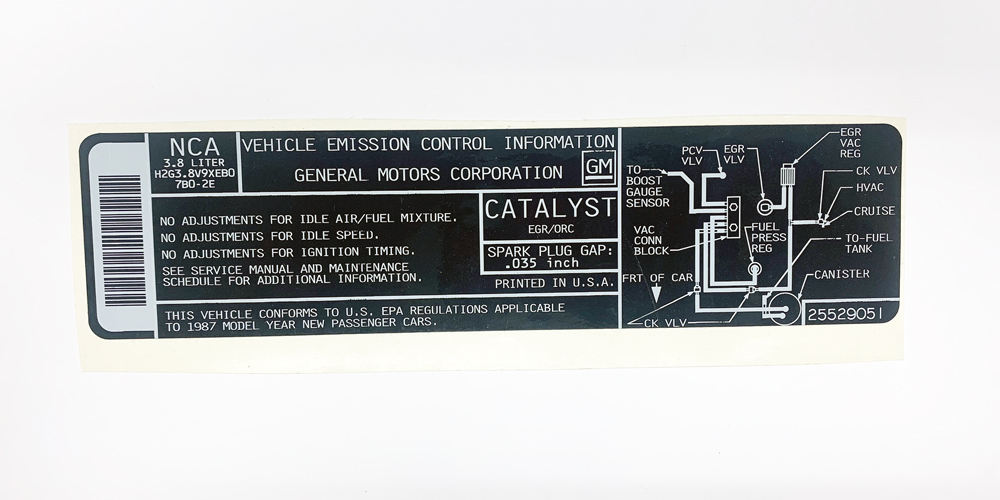 1987 Turbo Buick 3.8L Engine Emissions Decal 25529051