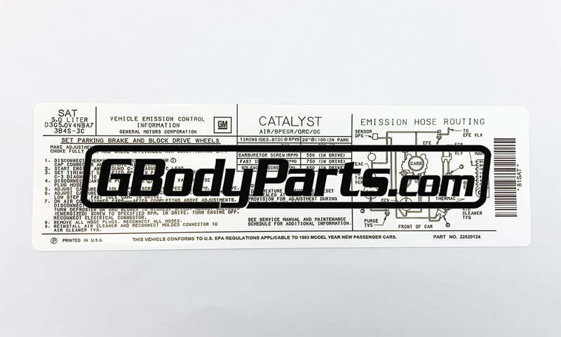 1983 Hurst Olds Emission Label Decal