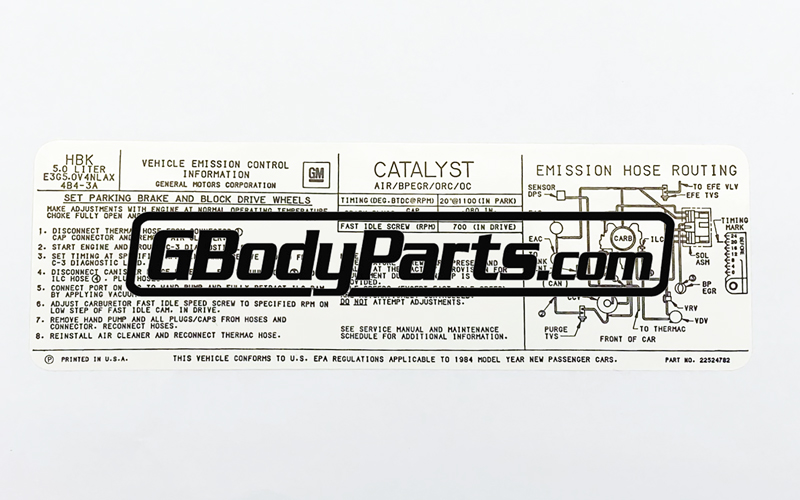 1984 Hurst Olds Emission Label Decal