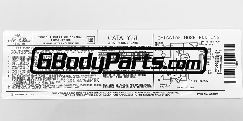 1984 Hurst Olds Emission Label Decal CALIFORNIA