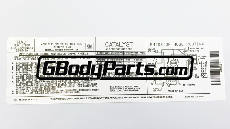 1986 Olds Emission Label Decal