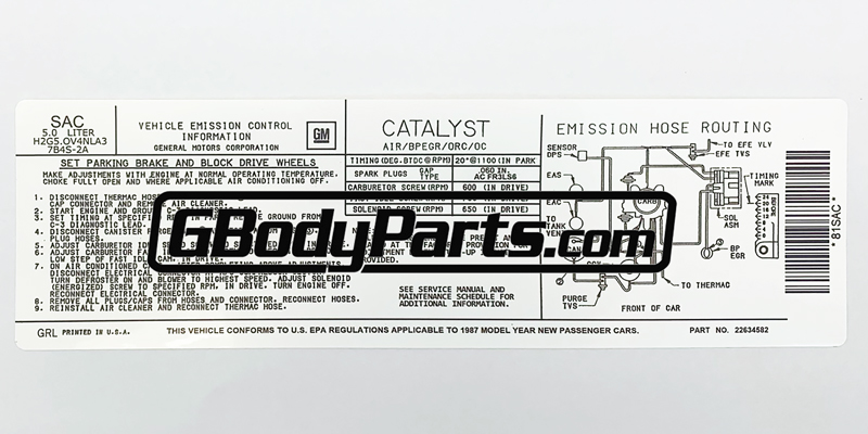1987 Olds Emission Label Decal