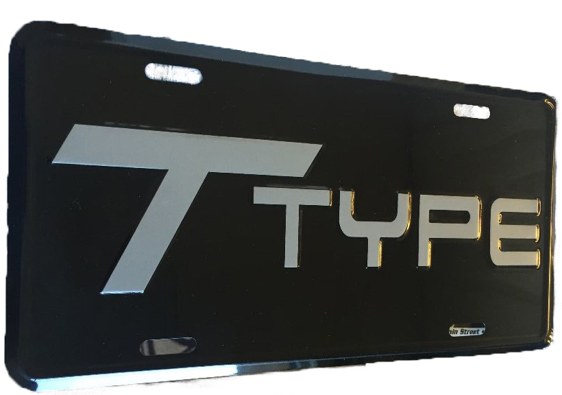 T Type Stamped license plate, black with silver lettering