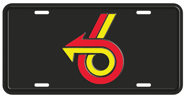 Power 6 Stamped Aluminum License Plate black with red and yellow print