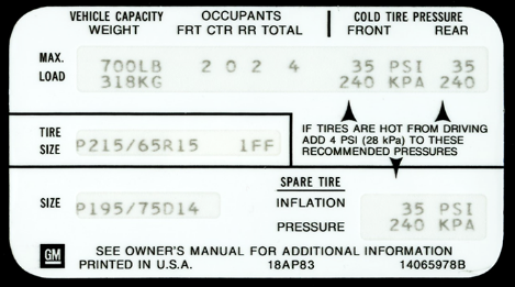 GM Licensed Door Jamb Tire Loading/Pressure Decal