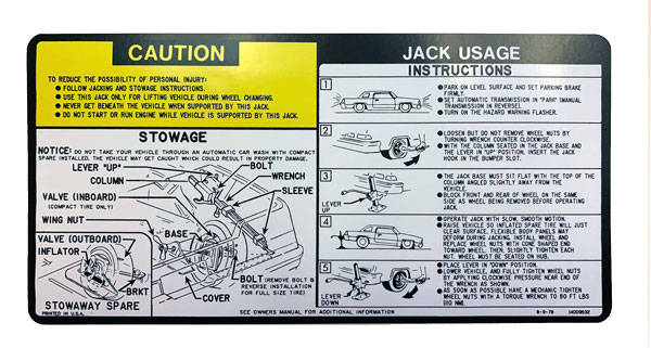 1979-80 Jack Instruction Decal Sticker - All GM A Body and Hurst/Olds
