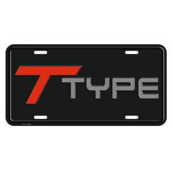 T Type Stamped license plate, black with silver and red lettering