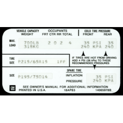 GM Licensed Door Jamb Tire Loading/Pressure Decal